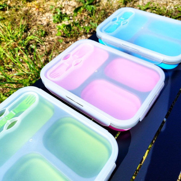 Ланч-бокс складной силиконовый с столовыми приборами, 3 отделения 1150 мл., Зеленый